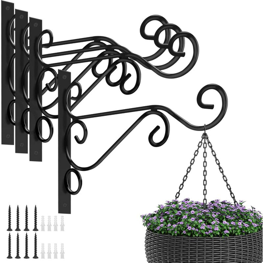 Set of 4 Outdoor Iron Plant Wall Hooks - For Planters, Bird Feeders, Lanterns, Wind Chimes - Black