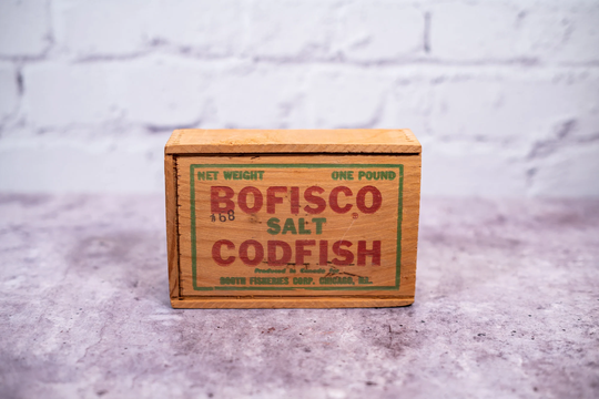 Vintage Bofisco Salt Codfish Wooden Cod Box Advertising Rustic Cabin Kitchen Fishing Fisherman Chicago Illinois Booth Fisheries Corp