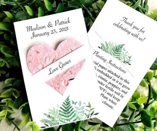Personalized Flower Seed Paper Wedding Favors Hearts - Love Grows Cards Ferns Greenery Blush Pink Lilac More Recycled Eco-Friendly