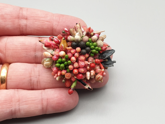 1940's Make Do & Mend Seed Brooch - Tutti Fruitti Pin Tied Coloured Seeds Beads Leather Old Pin Base Good Example