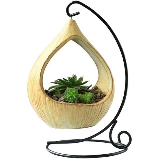 Osqi - European Iron Frame Hanging Ceramic Flower Pot Mini Ornaments Creative Flower Container Wrought Iron Hook Home Balcony Decoration Garden