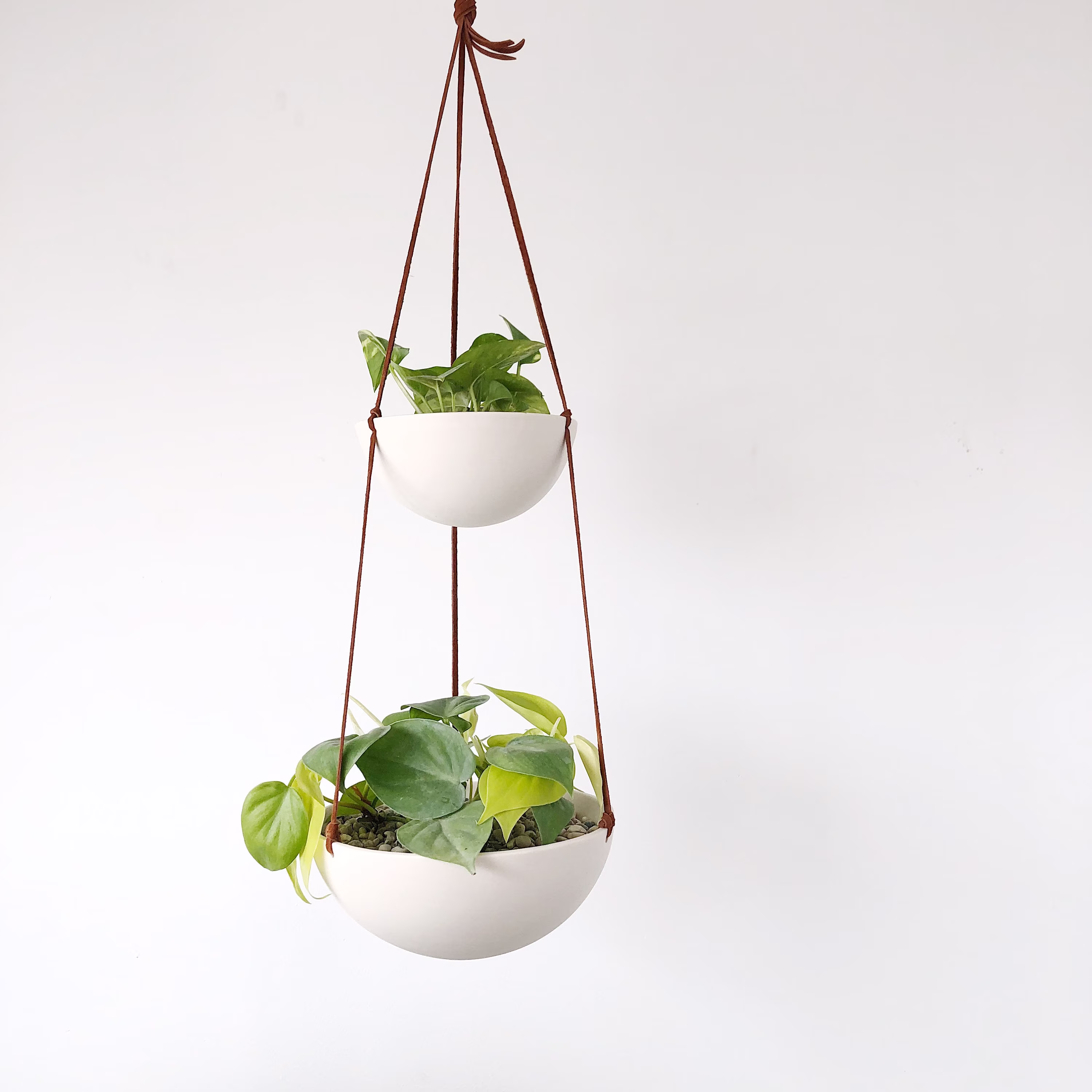 Two Tiered Hanging Planter, Fruit Basket, White Ceramic Double Layered Bowl Planter