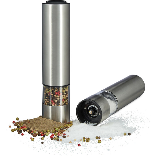 Electric Pepper Mill Set, Light, Salt Grinder, Stainless Steel, Ceramic Mechanism, Battery-Powered, Silver - Relaxdays