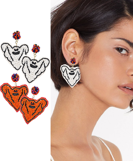 Halloween Ghost Seed Beaded White Orange Statement Gift Earrings
