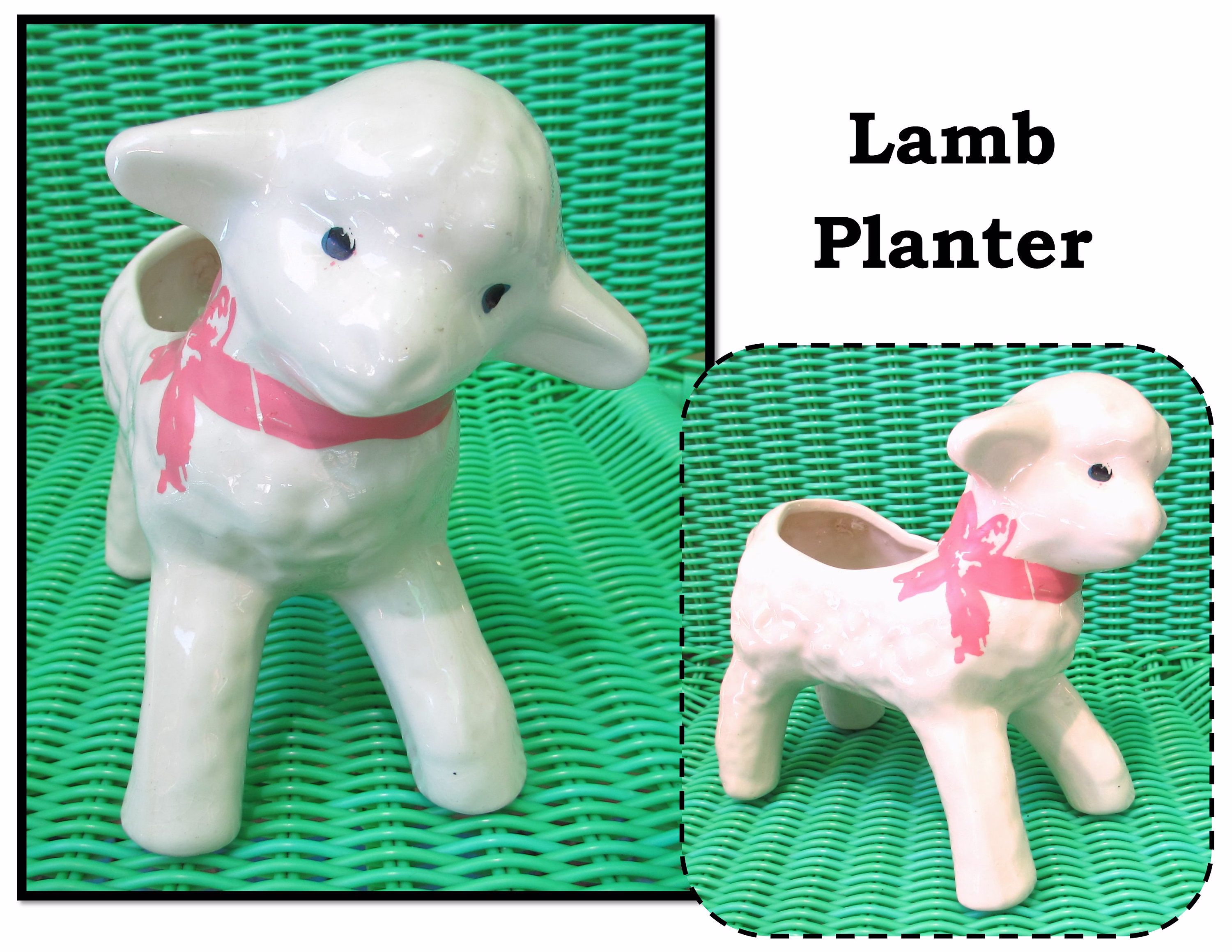 Vintage White Girl Lamb Planter With Pink Bow