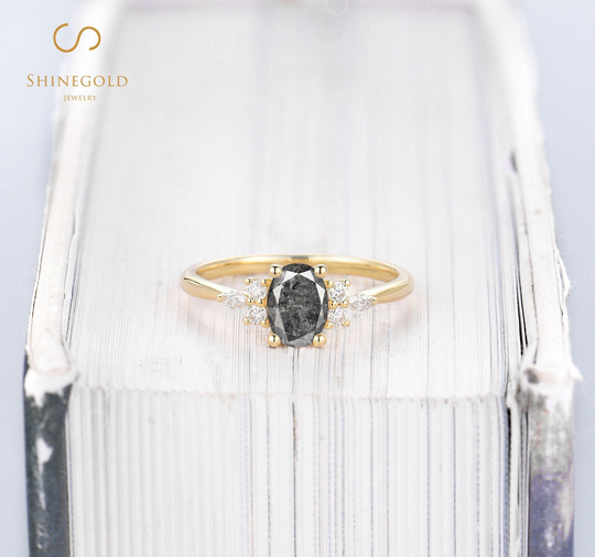 Unique Salt & Pepper Engagement Ring Yellow Gold Oval Cut Vintage Bridal Marquise Art Deco Diamond Moisaanite Anniversary