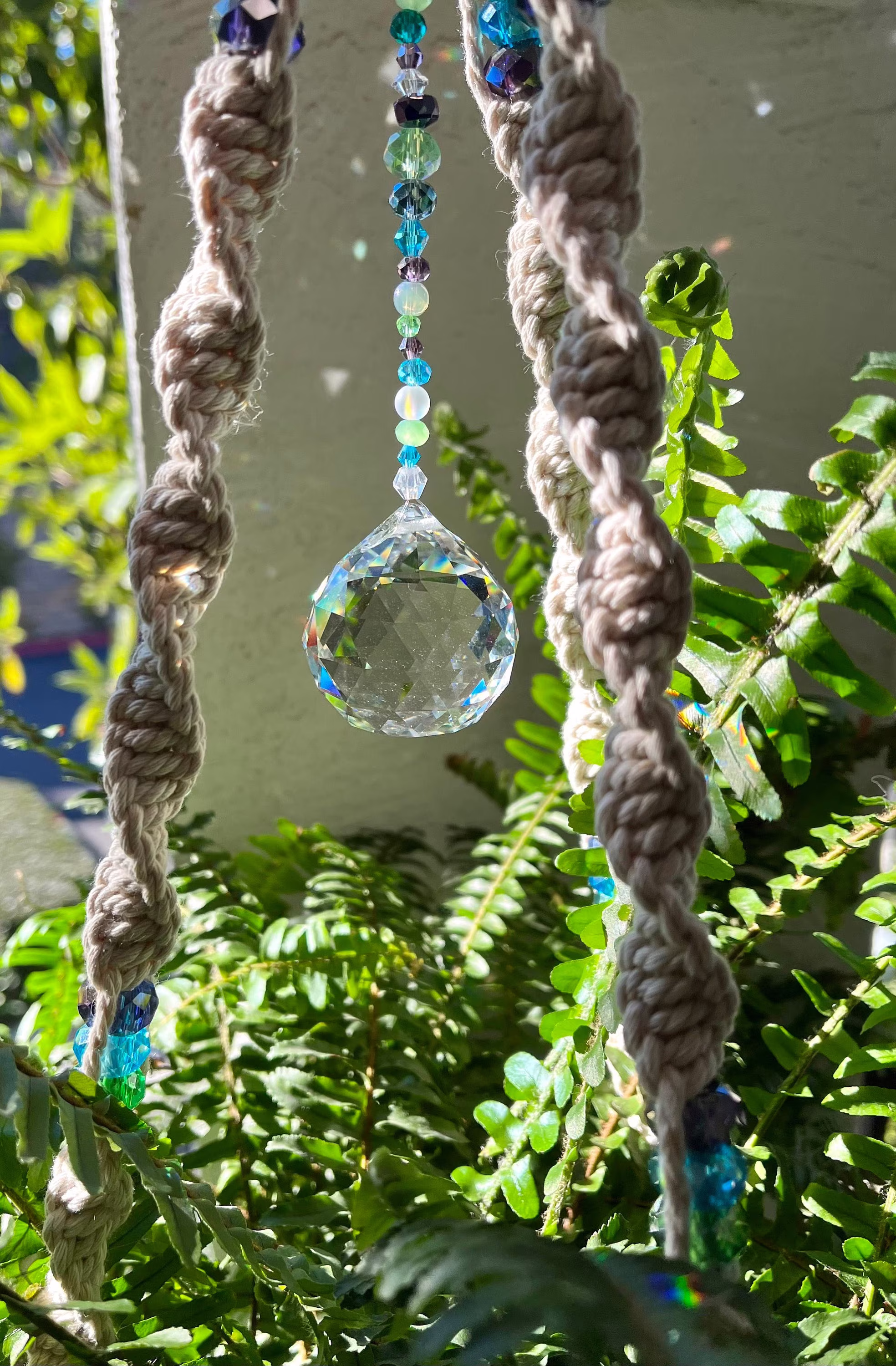 Mermaid Suncatcher Macrame, Plant Hanger With Crystal Beading & Prism Suncatcher Pendant