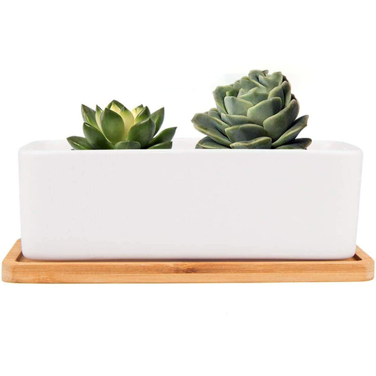 Rectangular Ceramic Flower Pots Set of 1 White Ceramic Succulent Plant Pots with Bamboo Tray, with Drain Hole, for Home or Office Decoration