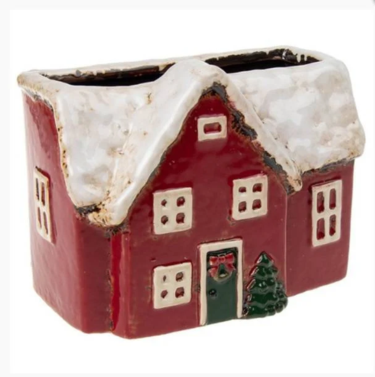Christmas House Planter Plant Pot Holder By Village Pottery Ceramic Ornament Gift For Herbs Cacti Succulents 17cm Long New Free UK Postage