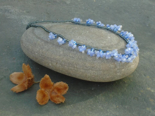 Speedwell, Blue Flower Necklace, Seed Bead in Pale Sapphire Blue, Crystal, & Smoke Grey Czech Seed Beads, UK Seller