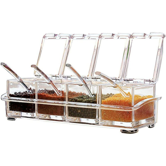 Betterlifegb - 4 pieces acrylic seasoning box set, storage cabinet condiment jars - cruet with lid and 4 spoon, kitchen utensils