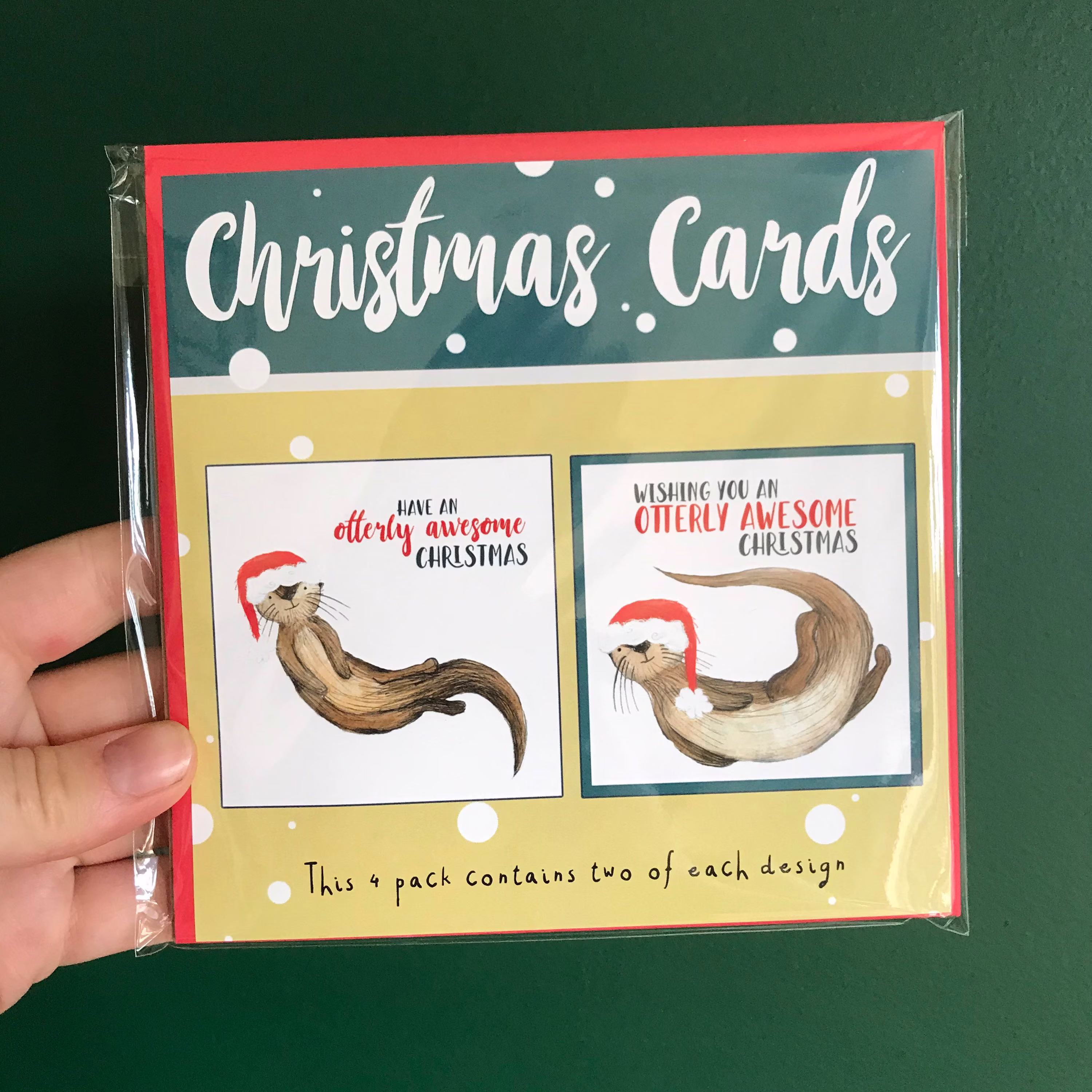 Otter Pack 4 Christmas Cards Illustrated Teddy Catherine Redgate Card Xmas Pun Humour Cute Winter Seasons Greetings Animal Otterly Awesome