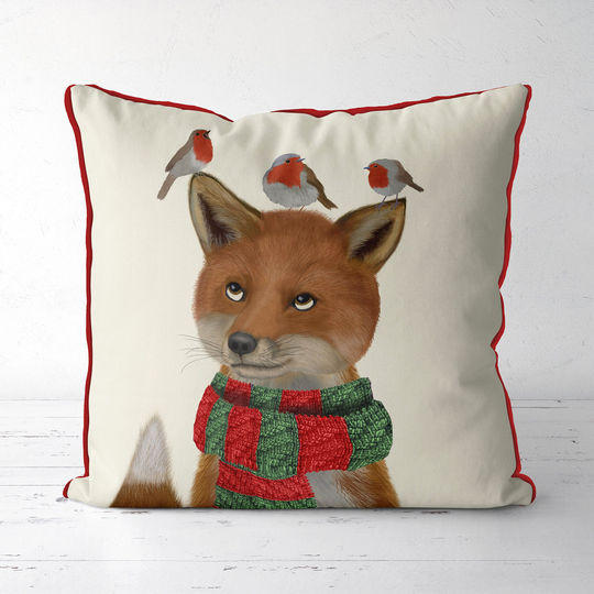Christmas Pillows Cover, Woodland Fox in Scarf With Robins, Red Cushion Holiday Season Gift Buying, Cute & Funny Festive
