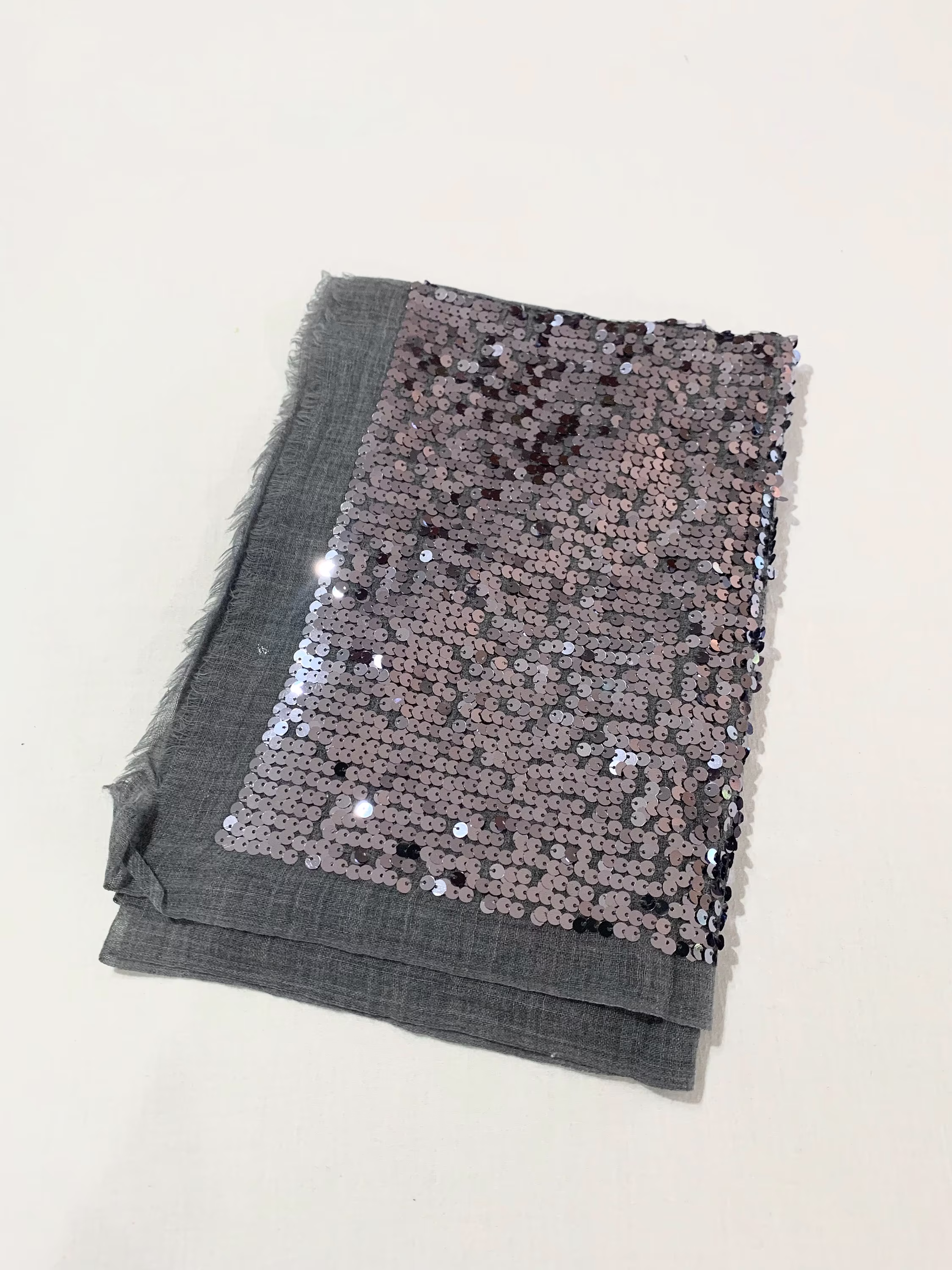 Grey Silk Wool Sequins Wrap, Hand Embroidered Shawl, Evening Wear All Season Formal Wrap