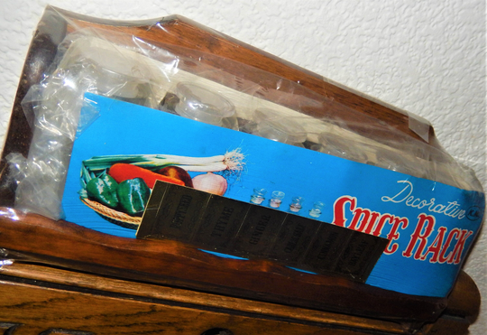 Vintage Wood Spice Rack, Unused Herb Glass Bottles, Set Gold Labels, Kitchenware, Retro Wall