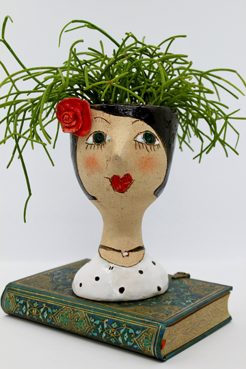 Unique Black & White Lady Head Planter, Polka Dot Dress Ceramic Face Plant Pot, Desk Decor Mini Planter