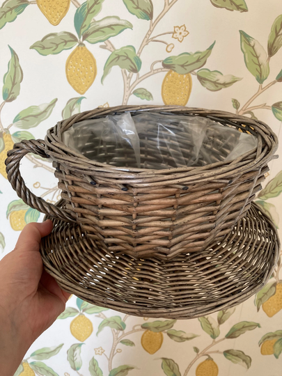 Planter - Antique Wash Garden Tea Cup Basket & Plate. Ideal Gift For The Gardener. Can Be Personalised