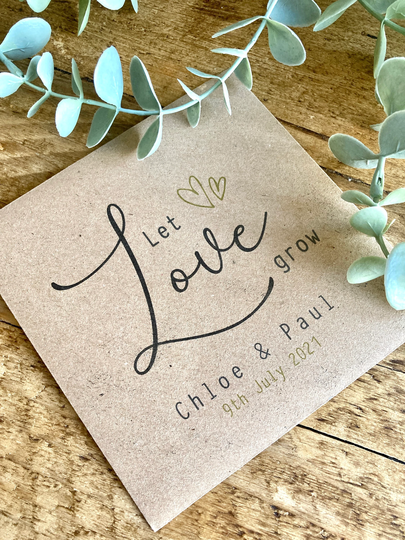 Let Love Grow Bird Seed Favour/Confetti Envelopes. Personalised Wedding Day Bride Hen Do