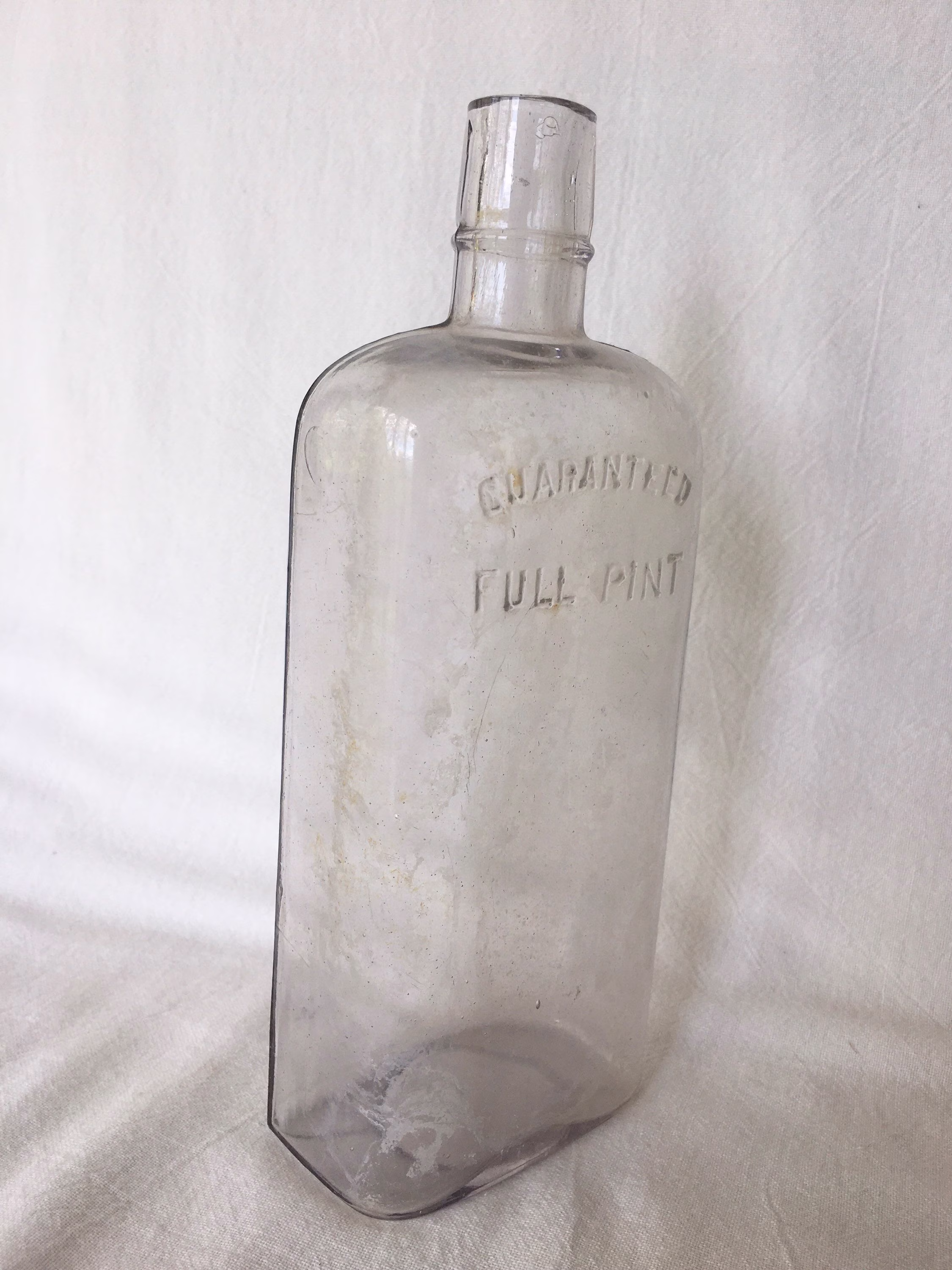 Guaranteed Full Pint, Antique Liquor Bottle, No 2, Collectible Glass, Glows Yellow
