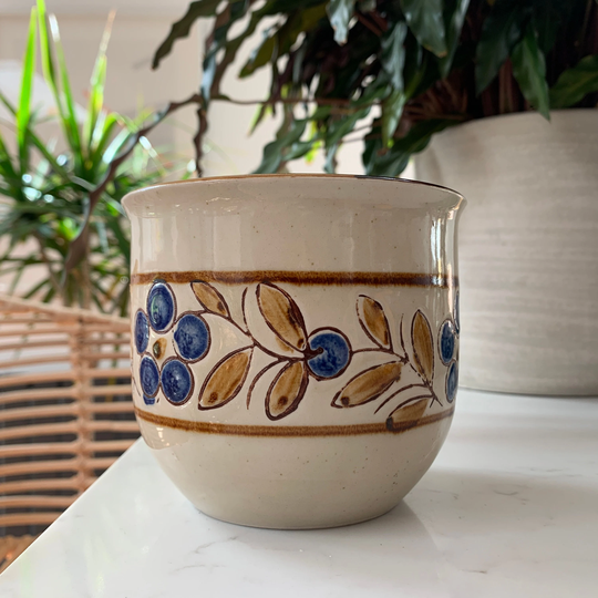 Vintage Floral Design Planter, Retro Brown & Blue Pottery Plant Pot, Small Ceramic Pot in 1970S