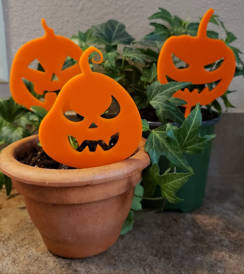 Jack-0-Lantern Pumpkin Plant Stakes Set Of 3 -Whimsical Acrylic Laser Cut, Garden Fall Décor, Fun & Funny For Planter-Gift, Halloween