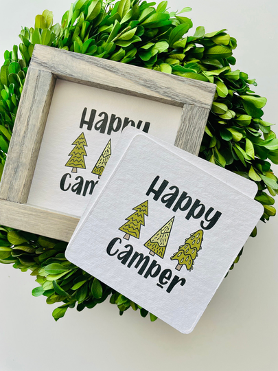 Happy Camper Tile, Interchangeable Decor Sign, Tiered Tray, Seasonal Decor, Camping Life, Tent Camping Camping, Forest