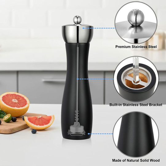 Wooden Salt and Pepper Mill, Rechargeable Manual Pepper Mill with Adjustable Coarseness (1pc Black)
