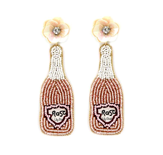 Pink Rose Champagne Bottle Earring, Seed Bead Statement Beach Vacation, Bridal Bridesmaid Gift