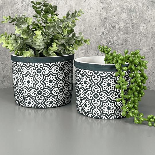 Indoor Abstract Planter, Black & White Embossed Plant Pots, Small Medium Planter
