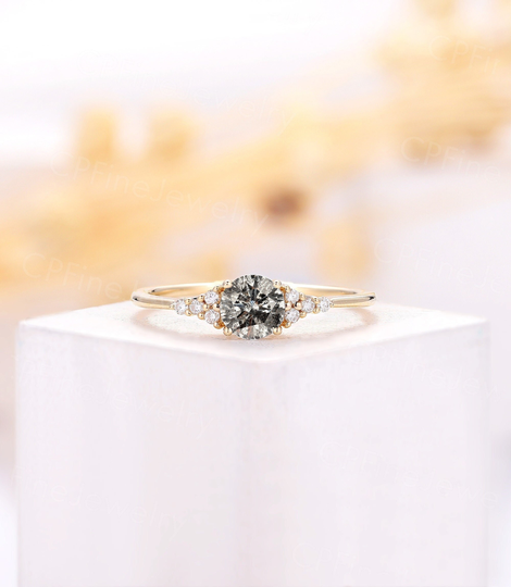 Vintage Salt & Pepper Diamond Engagement Ring Round Cut Yellow Gold Moissanite Art Deco Cluster Anniversary