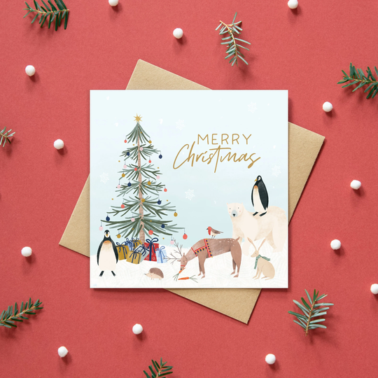 Christmas Card Illustrated Winter Scene | Greeting Holiday Unique Cute & Vintage Style Merry Christmas