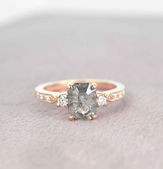 8 X 6mm Emerald Cut Salt & Pepper Diamond Engagement Ring | Dainty Round Wedding Bridal Promise Vintage