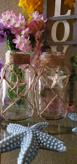 Nautical Tropical Jar Vase With Jute Rope & Seashell