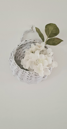 Wall Planter | Hanging Basket Wicker Rattan Cottage Decor Shabby Chic White