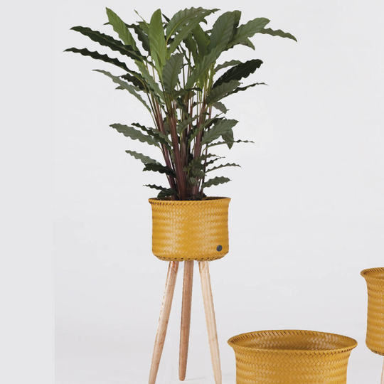 Handwoven Recycled Basket Planter With Wooden Feet