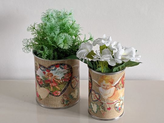 Cherub Heart Love Vintage Handmade Gift Ideas Tin Can For Storage, Display Plants Or Flowers Floral Arranging Pot Vase Unique Present