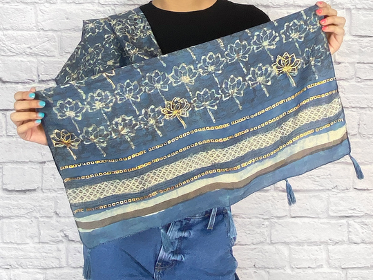 Pure Silk Hand Block Printed Scarf For Women, Boho Lotus Print Stole Her, All Season With Tassels, 100% Shawl Wrap