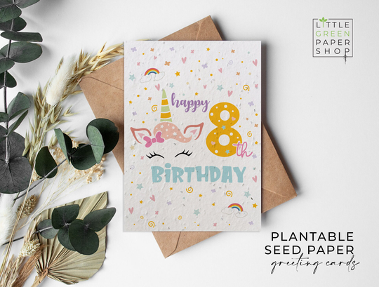Plantable Flower Seed Paper Cards A6 - Birthday Unicorn 8 Birthday, Kids, Girls, Friends, Greeting, Gardening, Eco-Friendly, Biodegradable