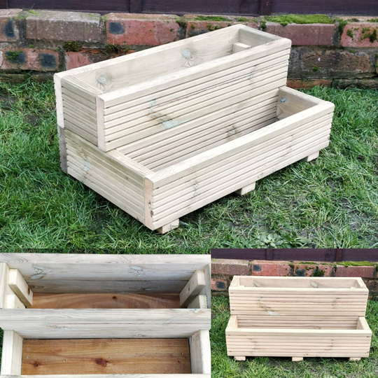 Wooden Garden Planter - 2 Tier Stepped Herb Small Flower Gardening Vegetables Veg