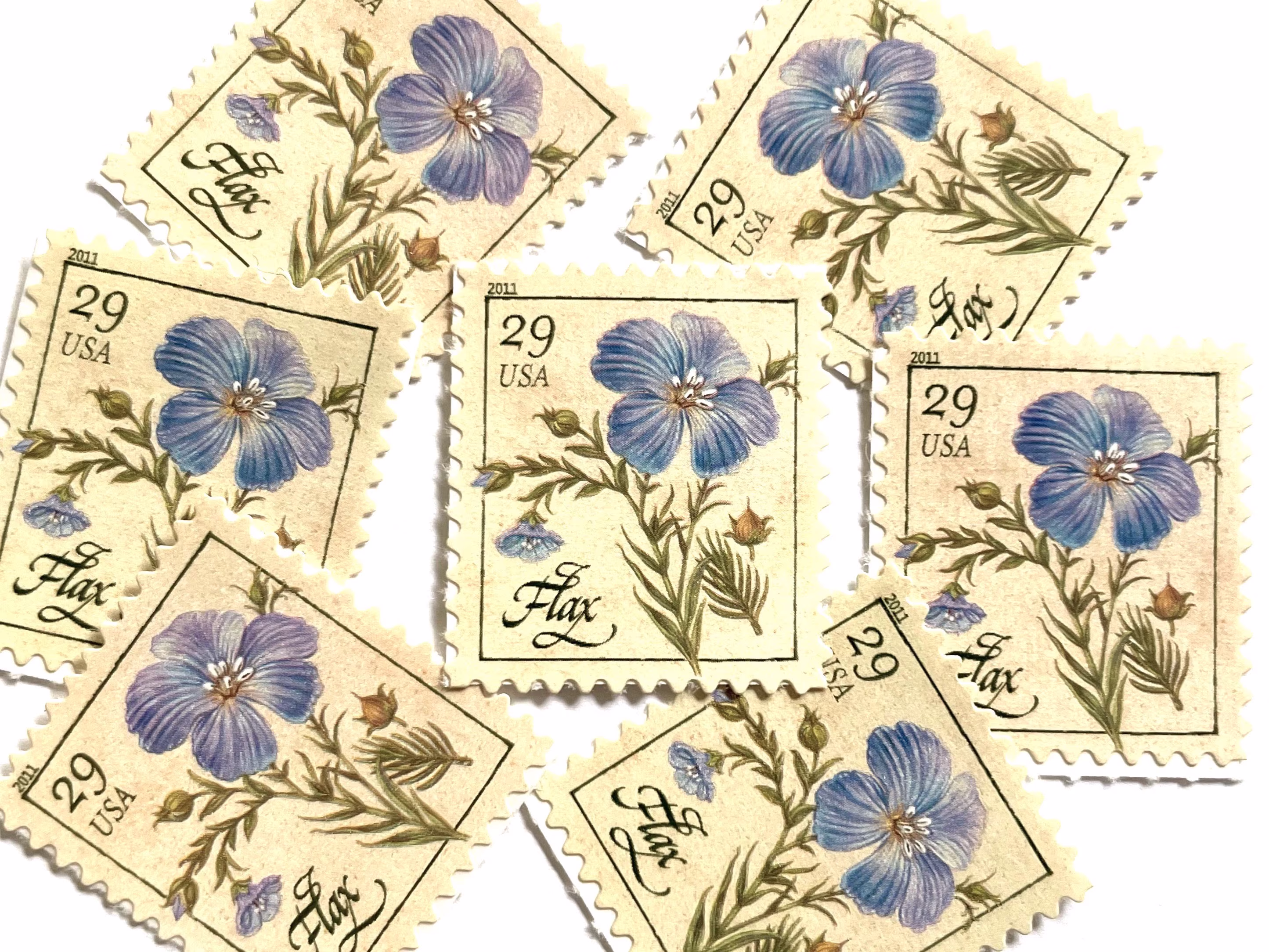 5 Vintage Unused Flax Herb Mail Stamps/Botanical Blue Flower Usps Postage 29 Cents Us