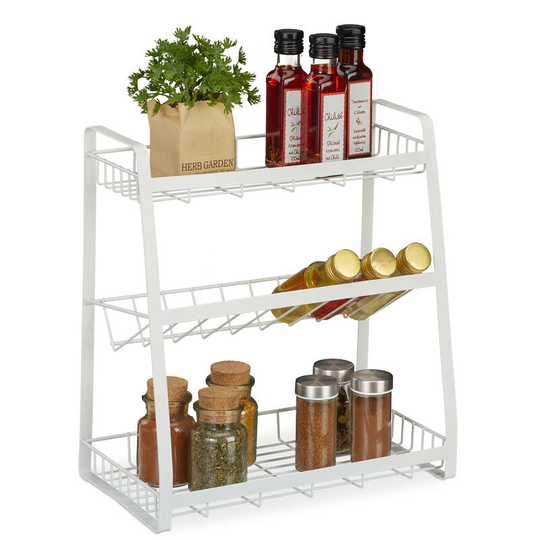 Relaxdays Metal Spice Rack, 3 Tiers, Standing Jar Holder, for Herbs, Kitchen Organiser, HxWxD: 38 x 35 x 18.5 cm, White