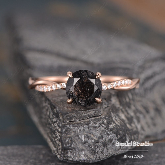 Salt & Pepper Black Quartz Engagement Ring Set Rose Gold Infinity Rutilated Round Cut Solitaire Diamond Bridal Wedding Half Eternity