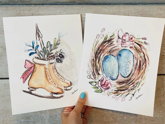 Interchangeable Watercolour Seasonal Holiday Prints, Rustic Skates Print, Christmas Tree Blue Easter Egg Nest, Pumpkins, 5 Prints