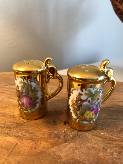 Painted Gold Over Fine China Salt & Pepper Shakers With Victorian Man Woman Motif
