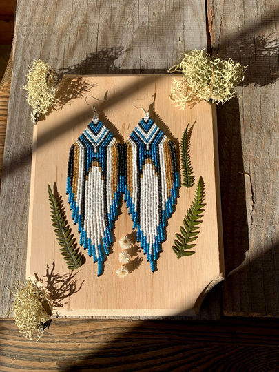 Beads Earrings // Handmade Seed Beads Jewelry Fringe Blue White Dangle & Drop Accessories Unique