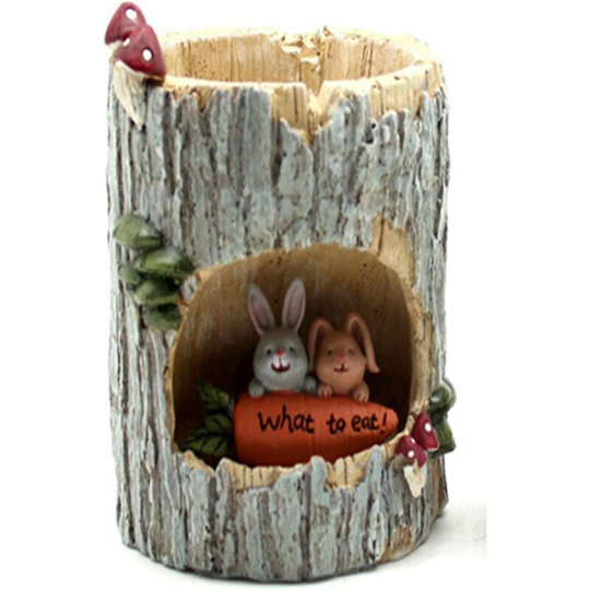 Qersta - Creative Tree Hole Story Cute Animal Flower Pot Mini Round Succulent Plant Drainage Resin Flower Pot Hedgehog Theme Home Indoor Office