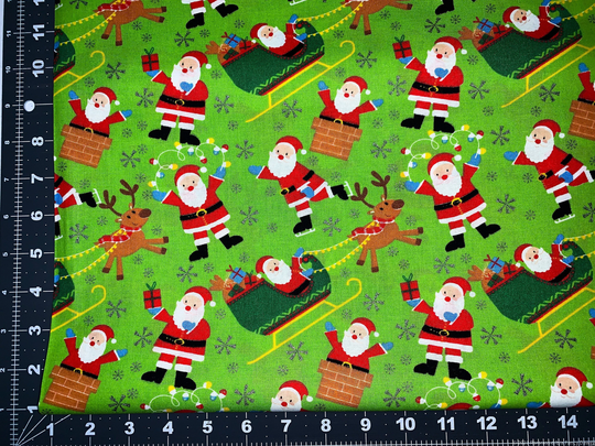 Santa Claus Fabric Tis The Season Green Cotton By Yard Christmas Holiday & Reindeer
