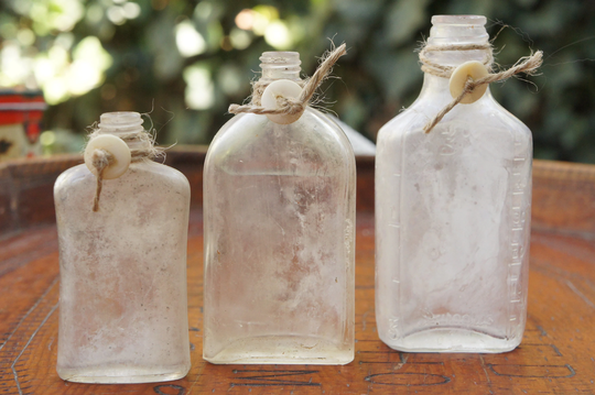 Vintage Up Cycled Antique Medicine Bottles With Twine & Mother Of Pearl Buttons/Cottagecore/Wedding Vases/Shabby Chic/