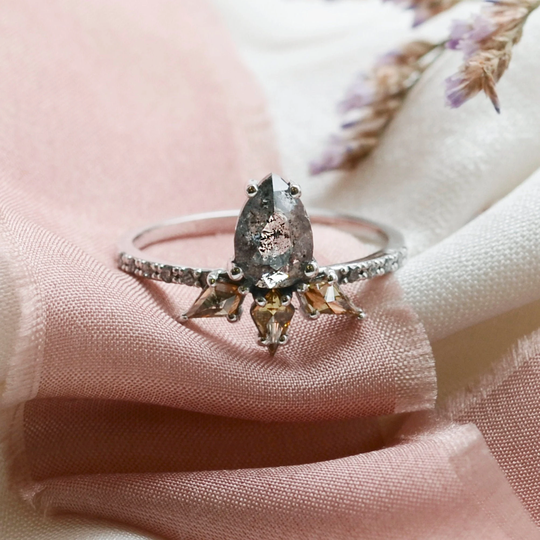 Pear Salt & Pepper Diamond Engagement Ring Unique Natural 14K Crown By Mialis Jewelry