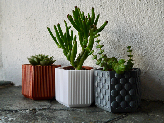 Set Of Three Mini Plant Pots - Based Plastic Copper White Grey Hexagon Textured Planter 3D Printed Metallic 5cm Gift Present